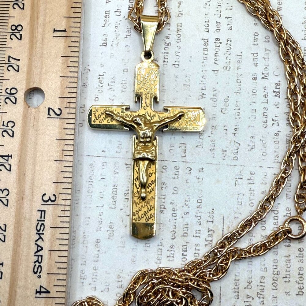 Large Stainless Steel Yellow Gold Spanish Crucifix Cross Pendant Necklace - Picture 7 of 8